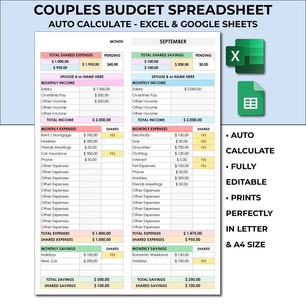 Roommate Bill Spreadsheet Etsy