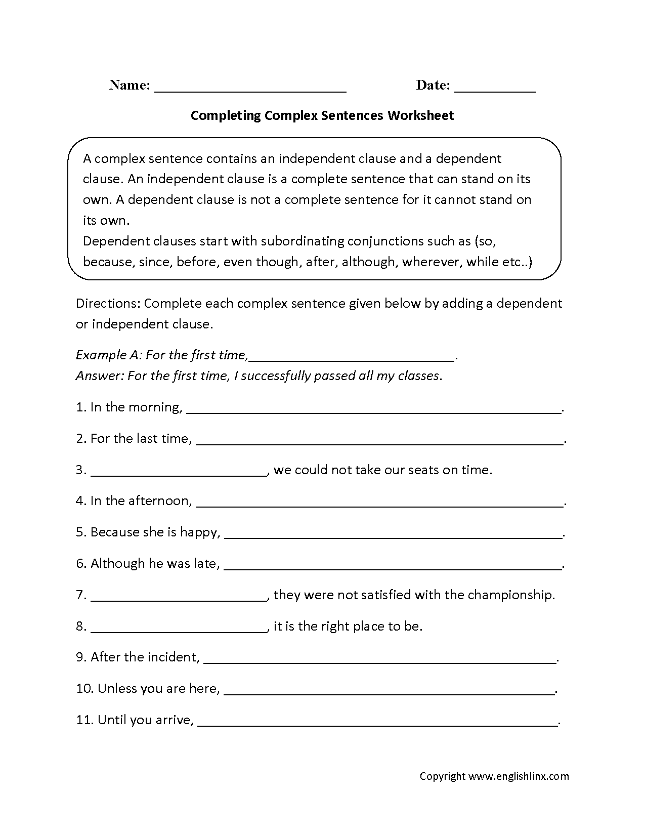 Sentences Worksheets Complex Sentences Worksheets