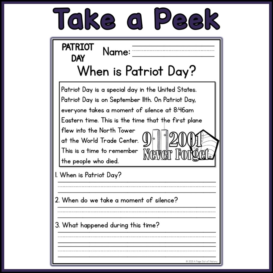 September 11th 9 11 Patriot Day Holidays Reading Comprehension Passages K Made By Teachers 9 11 WORKSHEET PATRIOT S DAY ACTIVITY COLORING PAGE WRITING PROMPT By Teach Simple