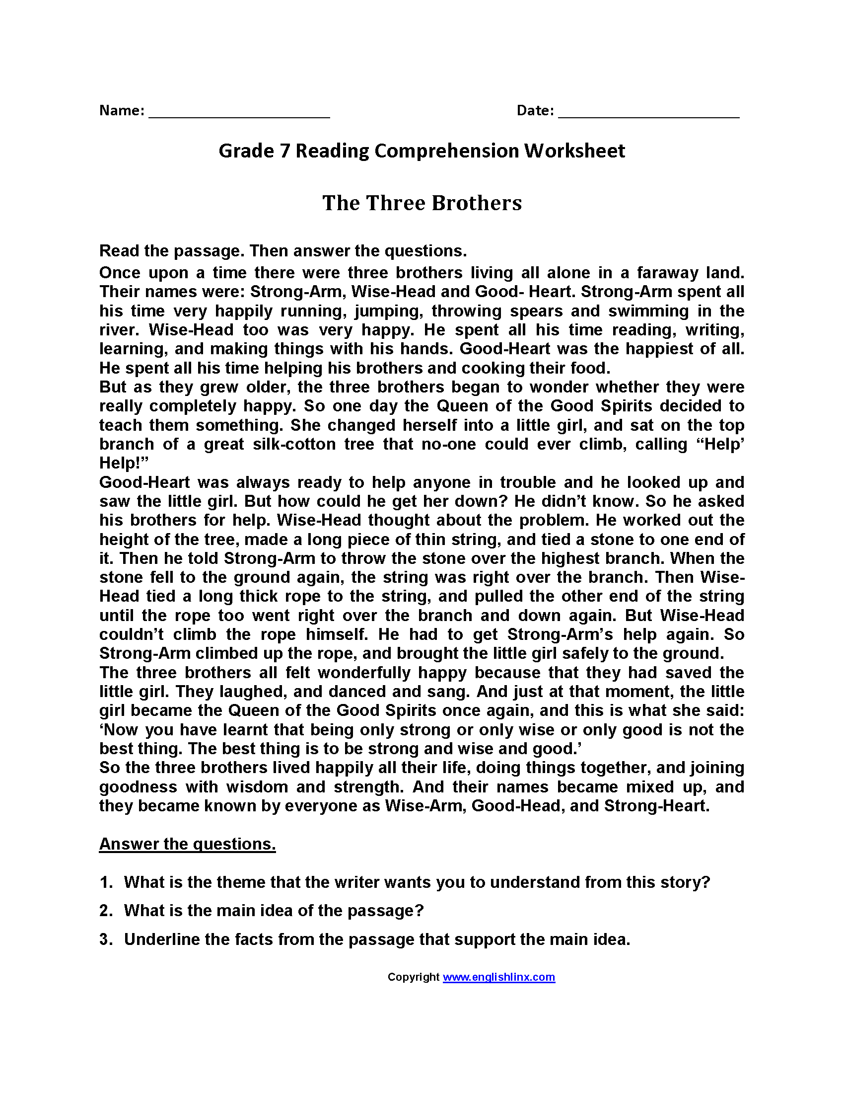 7th Grade Reading Comprehension Worksheets Printable Passages Questions