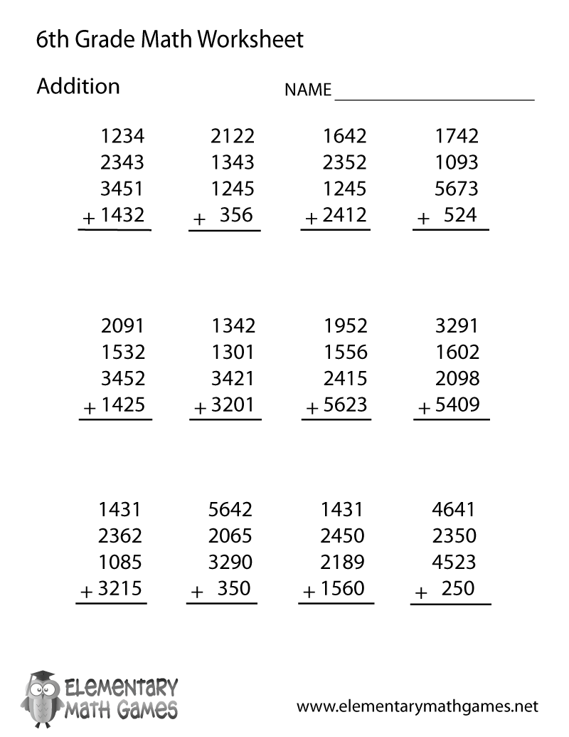 Sixth Grade Addition Worksheet Sixth Grade Addition Worksheet