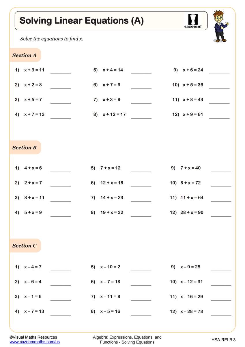 Solving Linear Equations B Worksheet PDF Printable Algebra Worksheet Cazoom Math Algebra 1 Worksheets With Answers PDF Printable Algebra 1 Math Worksheets Cazoom Math