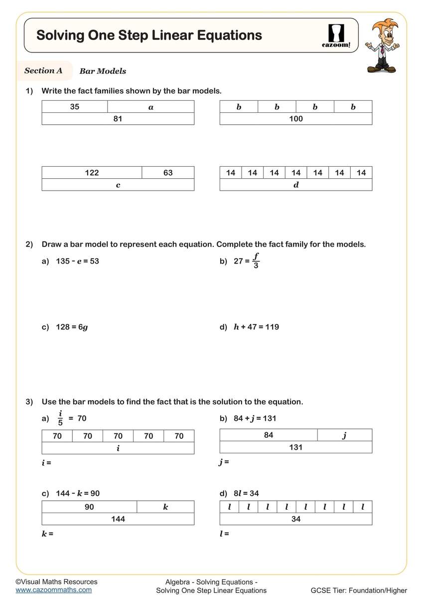 Solving One Step Linear Equations Worksheet Printable PDF Year 7 Algebra Worksheet Solving One Step Linear Equations Worksheet Printable PDF Year 7 Algebra Worksheet