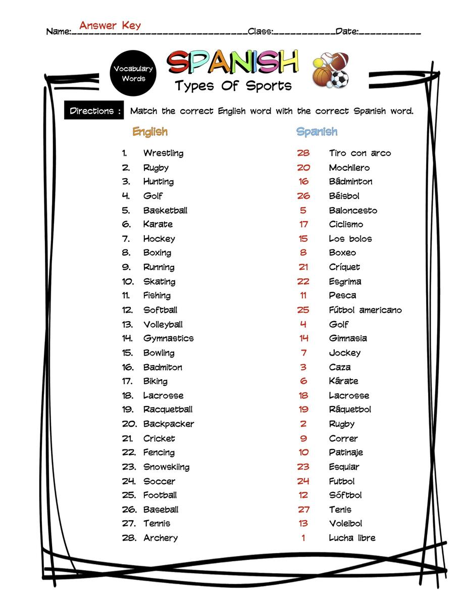 Spanish Types Of Sports Vocabulary Matching Worksheet Answer Key Made By Teachers