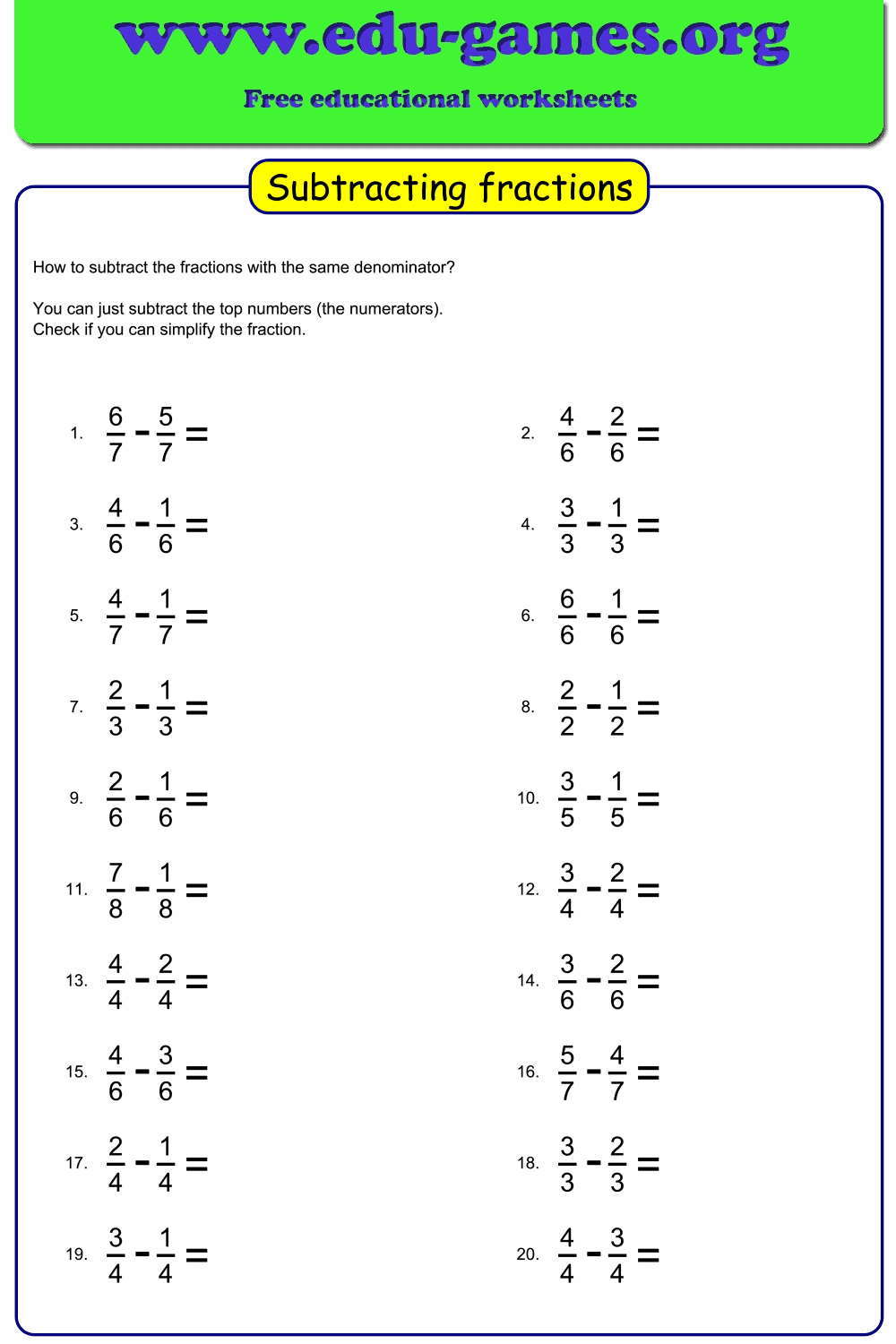 Subtraction Fraction Questions Worksheet Generator Free Printable PDF Creator Edu Games
