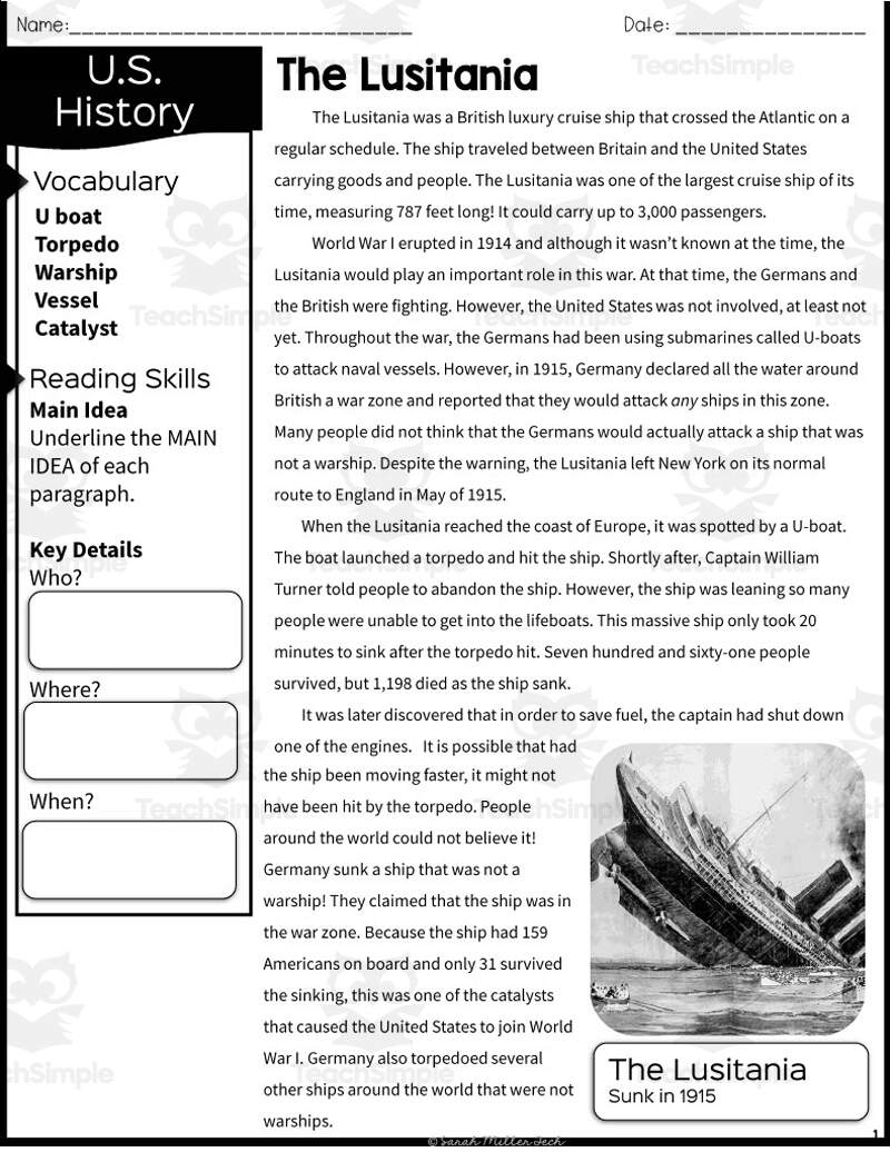 The Lusitania Reading Packet By Teach Simple The Lusitania Reading Packet By Teach Simple