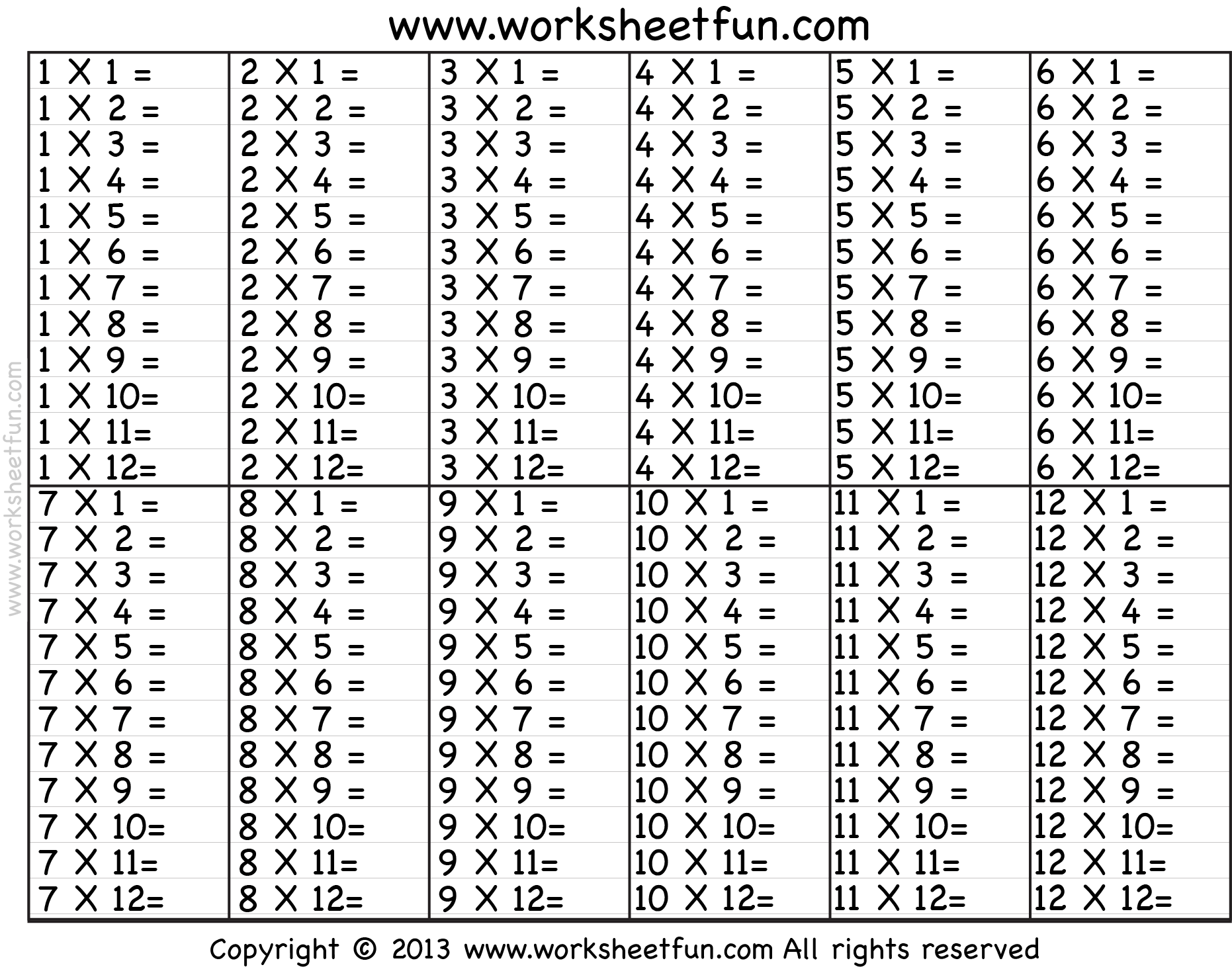 Times Table 2 12 Worksheets 1 2 3 4 5 6 7 8 9 10 11 Worksheets Library
