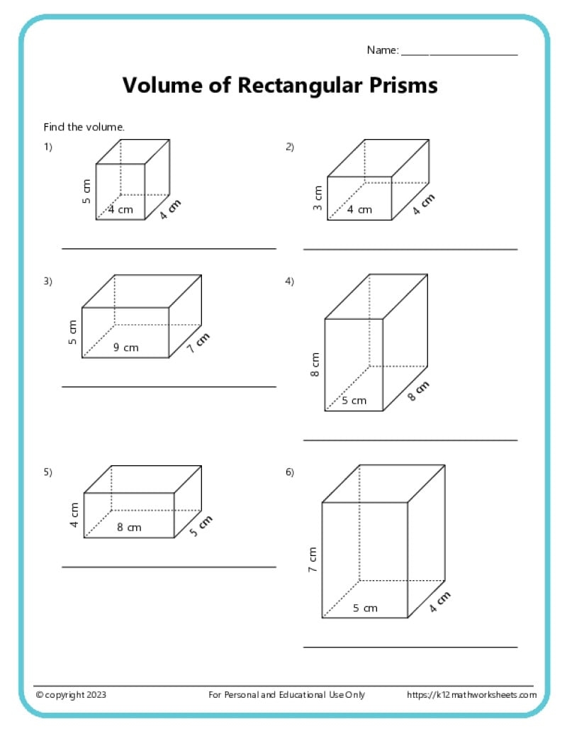 Volume And Surface Area Of Rectangular Prisms K12 Math Worksheets