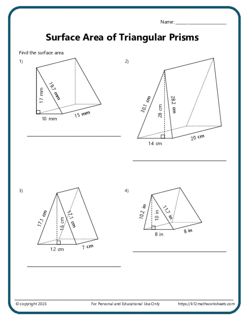 Volume And Surface Area Of Triangular Prisms K12 Math Worksheets Surface Area Of Prisms Worksheet Printable Maths Worksheets