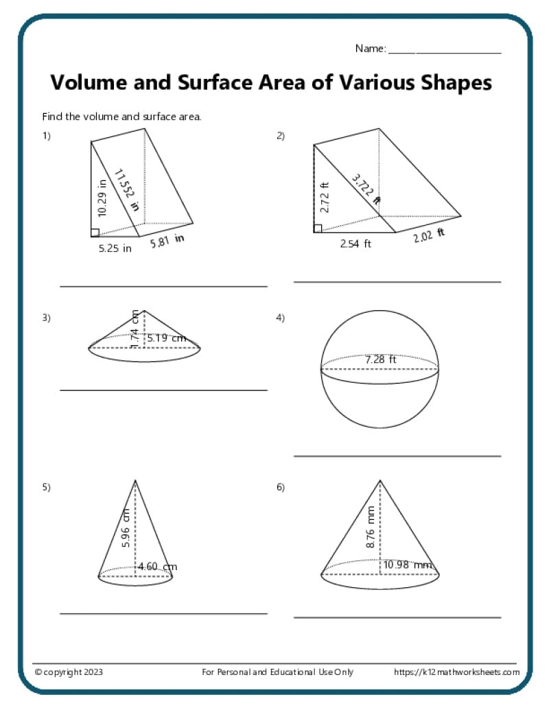 Volume And Surface Area Of Various Shapes K12 Math Worksheets