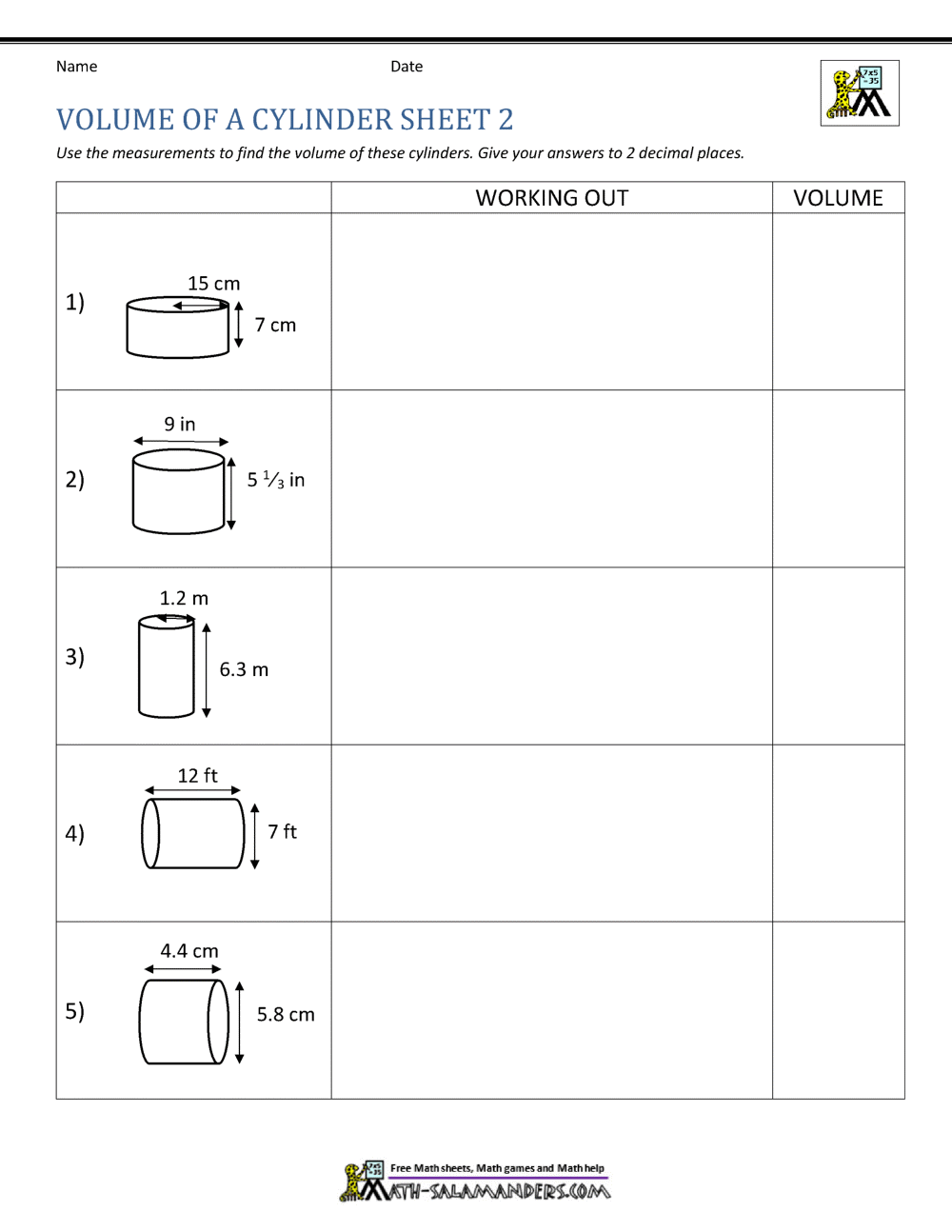 Volume Of A Cylinder Worksheets