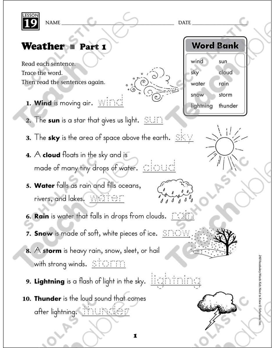 Weather Content Words Grade 1 Vocabulary Printable Skills Sheets Weather Content Words Grade 1 Vocabulary Printable Skills Sheets