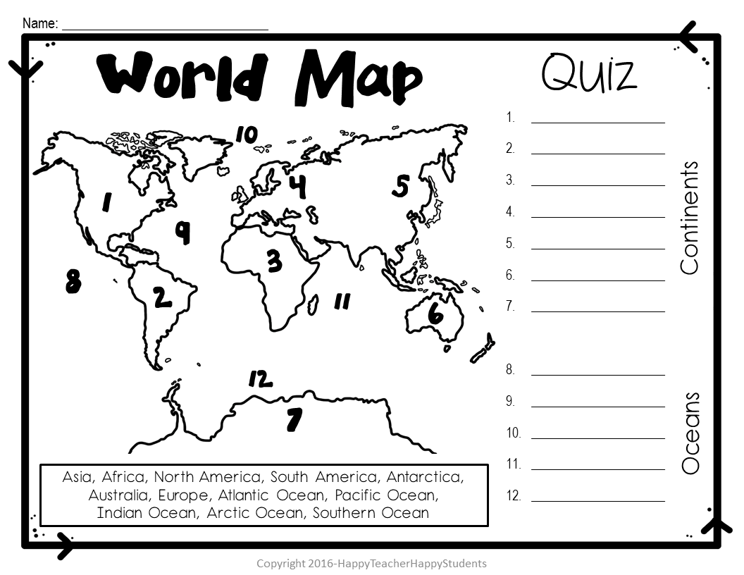 World Map World Map Quiz Test And Map Worksheet 7 Continents And 5 Oceans Made By Teachers Seven Continents Oceans Worksheets Free Printables Superstar Worksheets